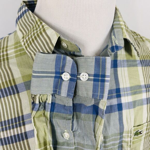 Lacoste XL (45) Casual Button Front Shirt Green Blue Plaid Cotton Long Sleeve - Picture 4 of 5